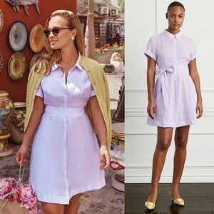 NWT HILL HOUSE Linen Lilac Stripe Short Sleeve Tie Waist Button Up Shirt Dress L
